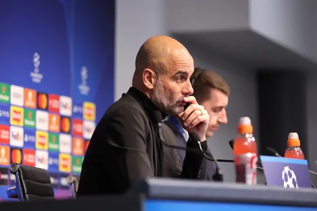 Pep Guardiola, Manager of Manchester City, speaks to the media