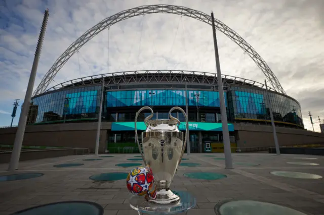 Champions League trophy and ball in front of Wembley
