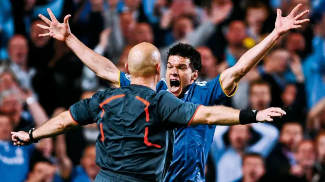 Chelsea Michael Ballack protests to the referee in their 2009 Champions League tie against Barcelona