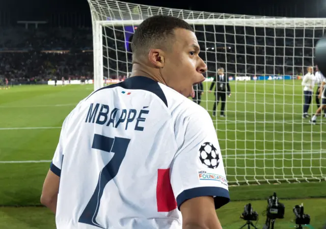 Kylian Mbappe open-mouthed after Paris St-Germain's win at Barcelona