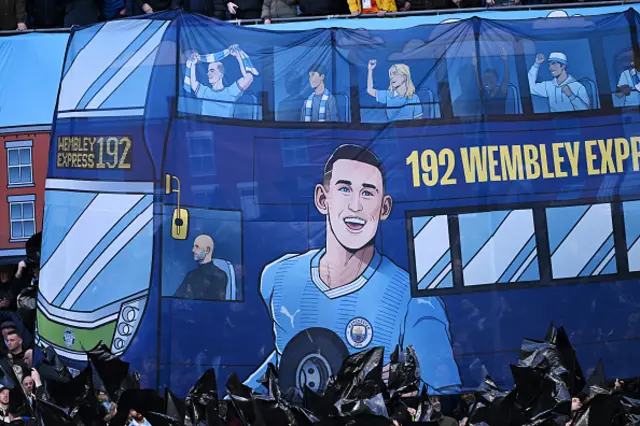 Phil Foden on a banner in the stadium, signifying the 192 route in Manchester