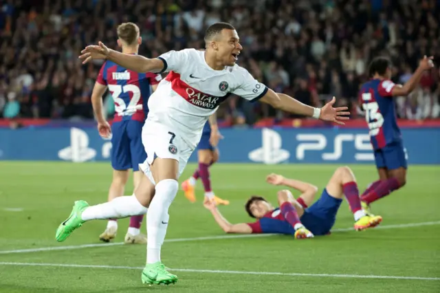 Kylian Mbappe scores for Paris St-Germain against Barcelona