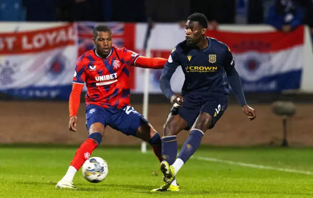 Rangers Dujon Sterling and Dundee's Amadou Bakayoko in action during a cinch Premiership match between Dundee and Rangers at the Scot Foam Stadium at Dens Park