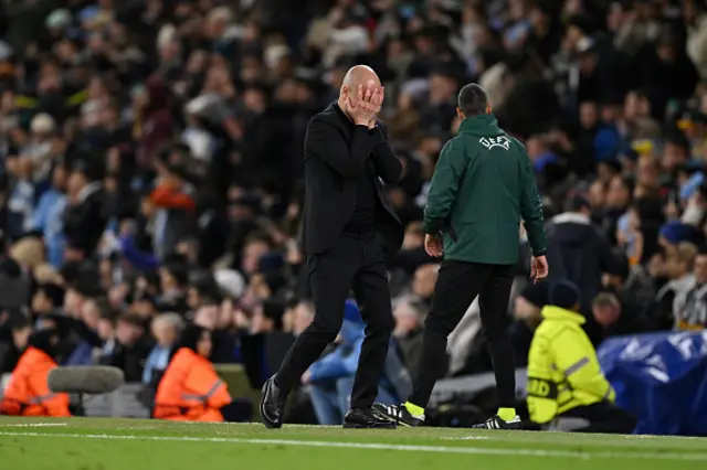 Pep Guardiola, Manager of Manchester City, reacts after a missed chance by Kevin De Bruyne