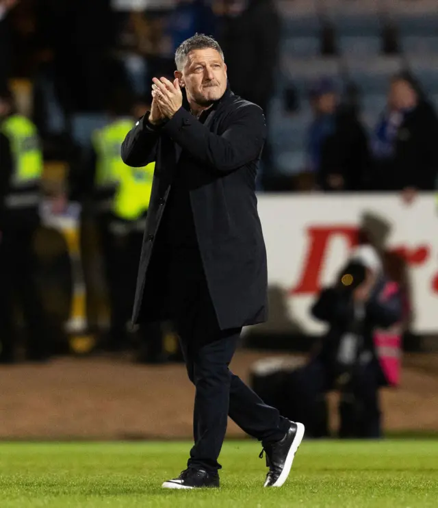 Dundee Manager Tony Docherty  at Full Time  during a cinch Premiership match between Dundee and Rangers at the Scot Foam Stadium at Dens Park, on April 17, 2024, in Dundee, Scotland.