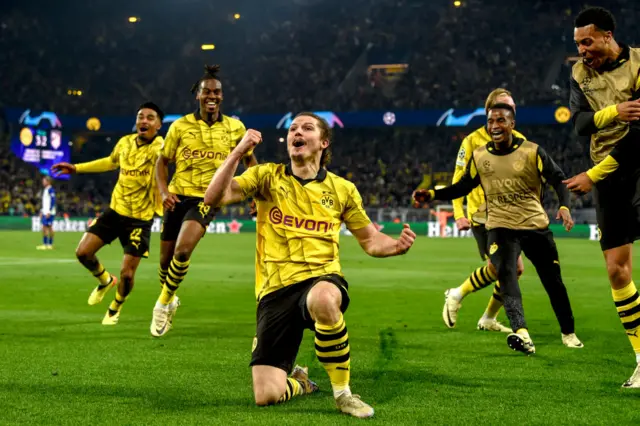 Marcel Sabitzer celebrates scoring Borussia Dortmund's winning goal against Atletico Madrid