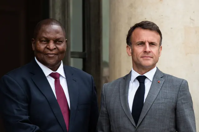 French President Emmanuel Macron is receiving the President of the Central African Republic, Faustin-Archange Touadera, at the Elysee Palace in Paris, France, on April 17, 2024.