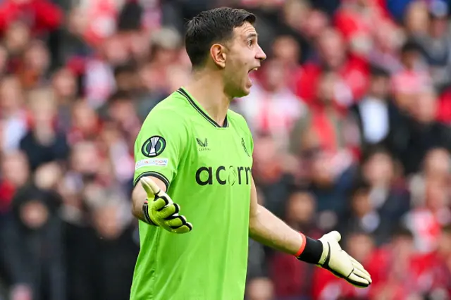 Emiliano Martinez of Aston Villa reacts