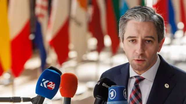 Irish Prime Minister Simon Harris speaks with the press upon arrival on the second day of a special meeting of the European Council in Brussels, Belgium, 18 April 2024.