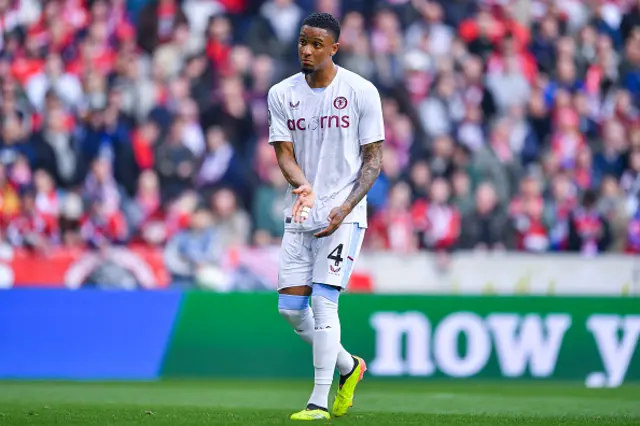 Ezri Konsa of Aston Villa reacts