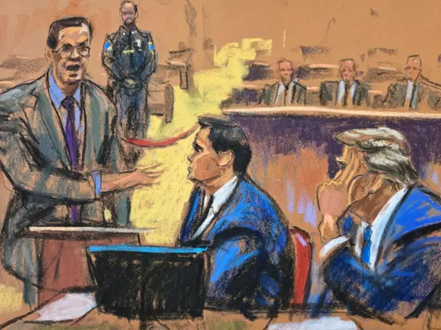 Assistant District Attorney Joshua Steinglass talks to jurors as attorney Todd Blanche and former U.S. President Donald Trump pay close attention during Trump's criminal trial on charges that he falsified business records to conceal money paid to silence porn star Stormy Daniels in 2016, in Manhattan state court in New York City, U.S. April 18, 2024 in this courtroom sketch.