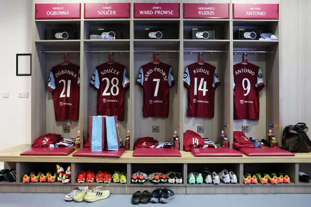 : The shirts of Angelo Ogbonna, Tomas Soucek, James Ward-Prowse, Mohammed Kudus and Michail Antonio are displayed