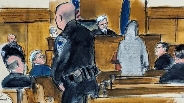 A court sketch depicts the juror, third from right, as a grey silhouette