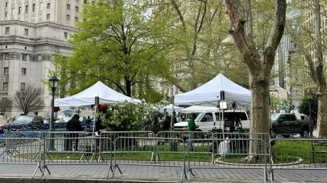 Media tents outside court