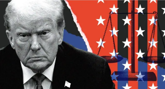 stylized graphic of Donald Trump and the US flag