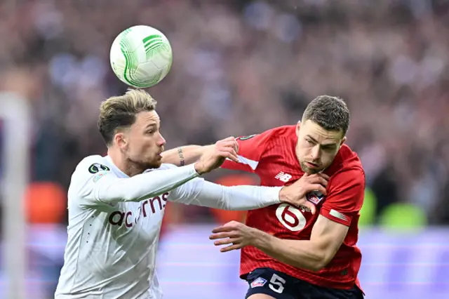 Gabriel Gudmundsson of Lille in action against Matty Cash