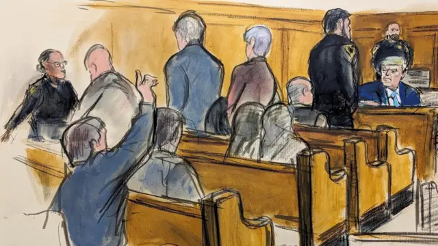 In this courtroom sketch, former President Donald Trump far right, turns around and looks at prospective jurors who raised their hands requesting to be excused from the jury panel in Manhattan Criminal Court