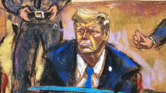 Former U.S. President Donald Trump sits during the jury selection of his criminal trial on charges that he falsified business records to conceal money paid to silence porn star Stormy Daniels in 2016, in Manhattan state court in New York City, U.S. April 18, 2024 in this courtroom sketch.