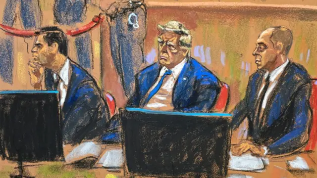 ormer U.S. President Donald Trump sits beside his lawyers Todd Blanche and Emil Bove during jury selection of his criminal trial