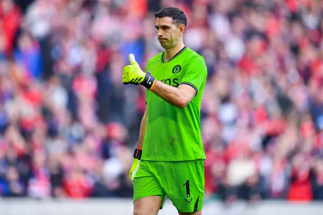 Emiliano Martinez of Aston Villa gestures