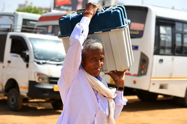 Polling officials are leaving for their respective polling stations after collecting EVMs and other election materials ahead of the first phase of voting for the Lok Sabha elections in Jaipur, Rajasthan, India