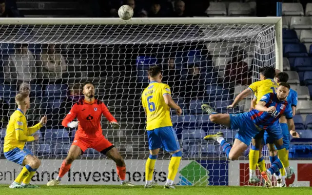 Inverness' danny Devine hits the bar with a header during a cinch Championship match between Inverness Caledonian Thistle and Raith Rovers at the Caledonian Stadium, on April 19, 2024, in Inverness, Scotland.