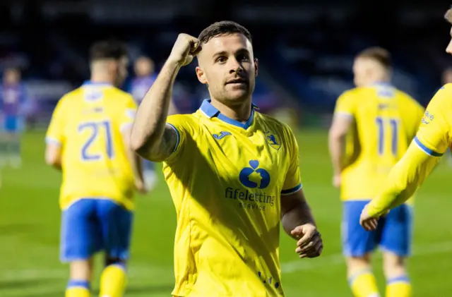 Raith's Lewis Vaughan celebrates scoring to make it 1-0 during a cinch Championship match between Inverness Caledonian Thistle and Raith Rovers at the Caledonian Stadium, on April 19, 2024, in Inverness, Scotland.