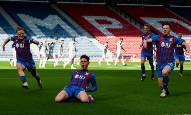 Inverness' Cameron Harper celebrates scoring to make it 1-0 during a cinch Championship match between Queens Park and Inverness Caledonian Thistle at Hampden Park, on April 13, 2024, in Glasgow, Scotland.