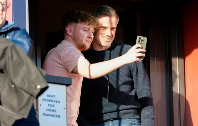 Jamie Carragher with a fans before a cinch Championship match between Inverness Caledonian Thistle and Raith Rovers at the Caledonian Stadium, on April 19, 2024, in Inverness, Scotland.