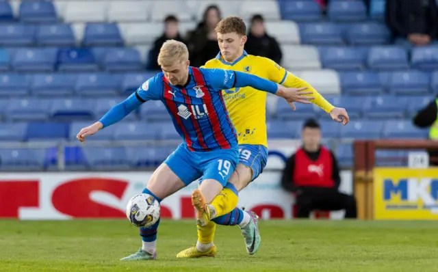 Inverness' Luis Longstaff (L) and Raith's Jack Hamilton in action during a cinch Championship match between Inverness Caledonian Thistle and Raith Rovers at the Caledonian Stadium, on April 19, 2024, in Inverness, Scotland.