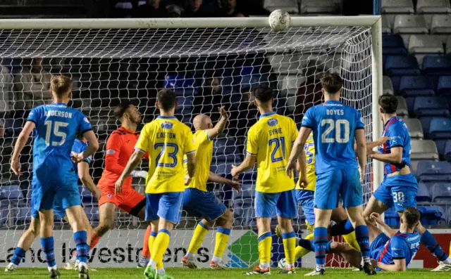 Inverenss' James Carragher (R) hits the bar with a header during a cinch Championship match between Inverness Caledonian Thistle and Raith Rovers at the Caledonian Stadium, on April 19, 2024, in Inverness, Scotland.