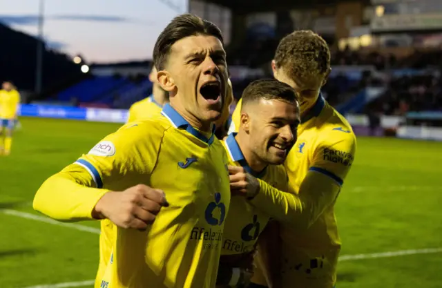 Raith's Lewis Vaughan celebrates scoring to make it 1-0 with his teammates during a cinch Championship match between Inverness Caledonian Thistle and Raith Rovers at the Caledonian Stadium, on April 19, 2024, in Inverness, Scotland.