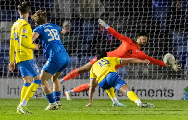 Inverness' Alex Samuel comes close to scoring but a strong save from Raith's Kevin Dabrowski (R) pushes it wide during a cinch Championship match between Inverness Caledonian Thistle and Raith Rovers at the Caledonian Stadium, on April 19, 2024, in Inverness, Scotland.