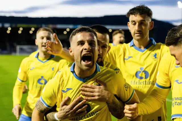 Raith's Lewis Vaughan celebrates scoring to make it 1-0 with his teammates during a cinch Championship match between Inverness Caledonian Thistle and Raith Rovers at the Caledonian Stadium, on April 19, 2024, in Inverness, Scotland.