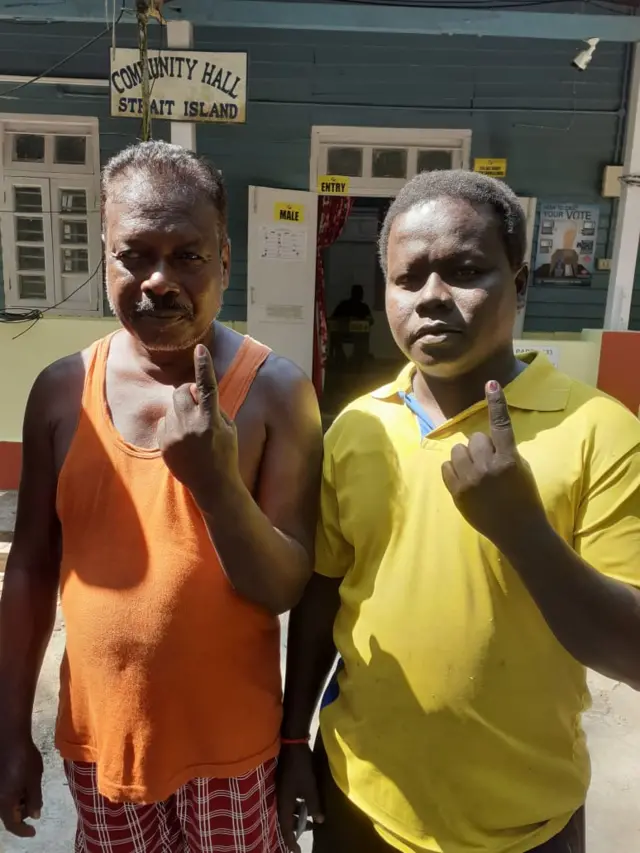 Two voters show their inked fingers after voting in Strait Island, South Andaman