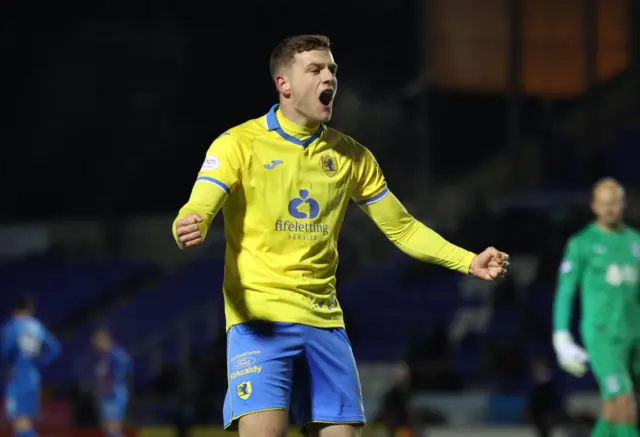 Raith Rovers' goal scorer Jamie Gullan celebrates at full time during a cinch Championship match between Raith Rovers and Inverness Caledonian Thistle at Stark's Park, on September 16, 2023, in Kirkcaldy, Scotland.