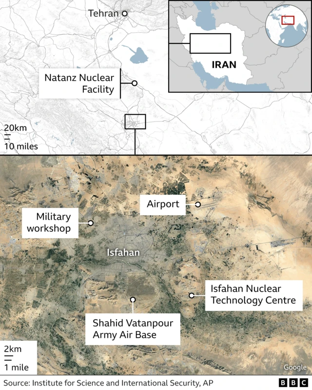 A map of Iran and the Middle East with key infrastructure is shown, including several nuclear facilities.