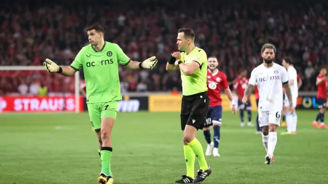 Emiliano Martinez booked in Aston Villa's quater-final win over LIlle