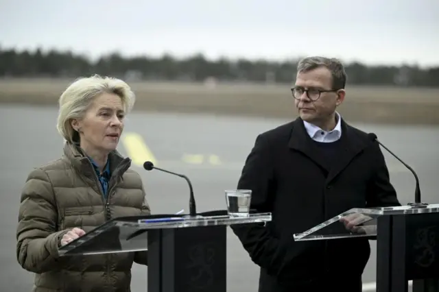 European Commission President Ursula von der Leyen and Finland's Prime Minister Petteri Orpo attend a joint press conference, at the Lappeenranta airport, eastern Finland, April 19