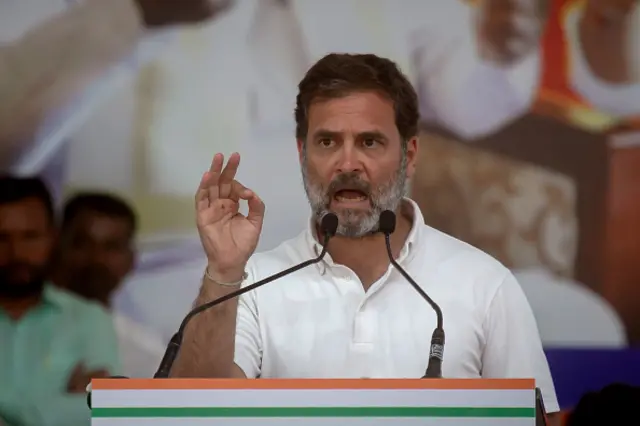 Indian National Congress (INC) party leader Rahul Gandhi addresses an election rally on April 17, 2024 in Mandya