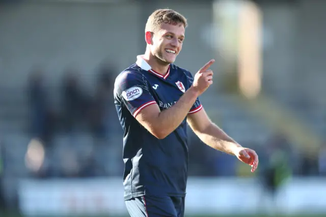 Raith Rovers' Jamie Gullan celebrates scoring a penalty to make it 2-1 during a cinch Championship match between Inverness Caledonian Thistle and Raith Rovers at the Caledonian Stadium, on December 02, 2023, in Inverness, Scotland.