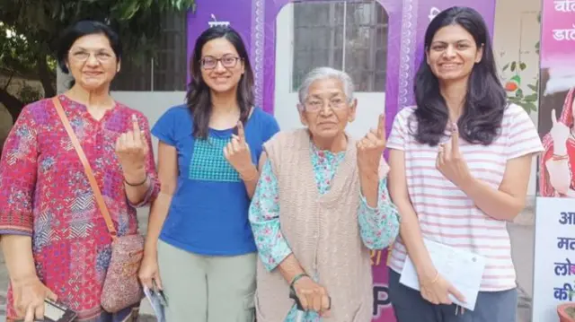 Uttarakhand: Three generations - Prabha Sharma, her daughter Preeti Kaushik, and granddaughters Shamita Kaushik and Sakshi Kaushik - voted together at a polling booth in Dehradun today.