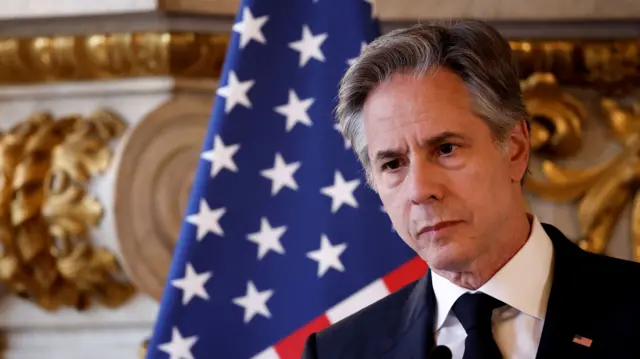 US top diplomat Antony Blinken speaks to reporters in Paris