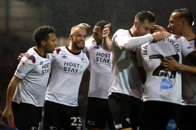 Derby celebrate Joe Ward's second goal at Portsmouth