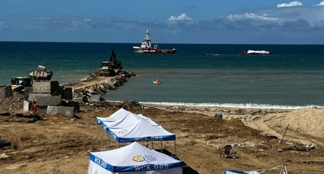 A World Central Kitchen barge loaded with food is the first maritime shipment of aid to arrive in Gaza