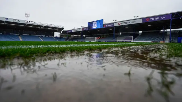 Picture of boggy conditions at Fratton Park before Portsmouth v Derby