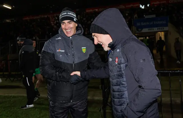 A jovial moment between Jim McGuinness and Mickey Harte