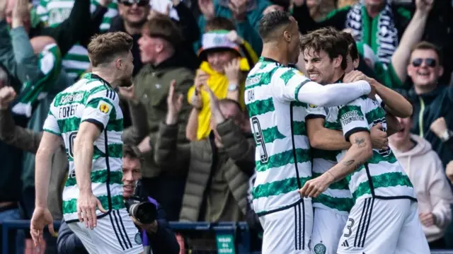 Celtic's James Forrest and Matt O'Riley celebrate