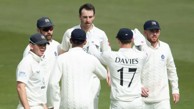 Toby Roland-Jones takes a wicket