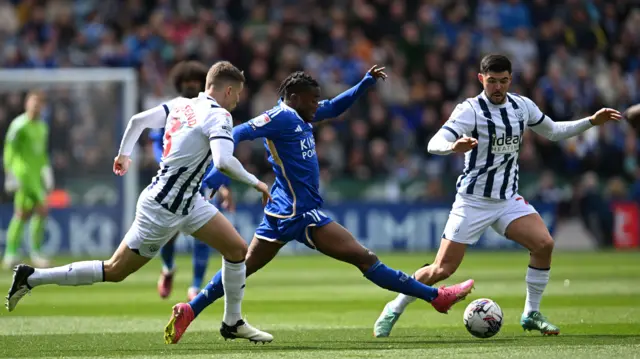 Leicester's Abdul Fatawu takes on West Brom's Alex Mowatt